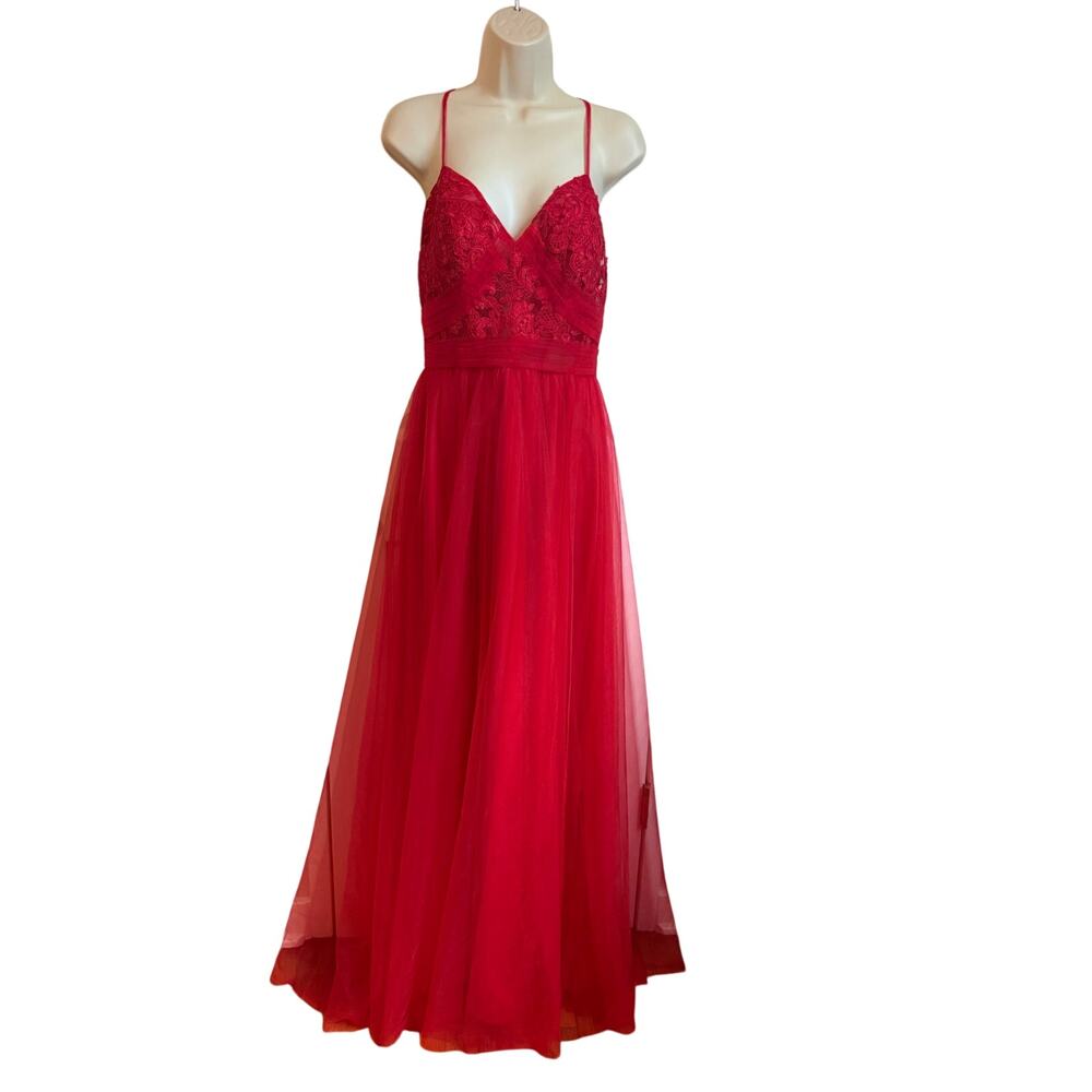 Azazie Dress Red Formal Bridesmaid Cross Back Sheer Fabric Maxi Women A6